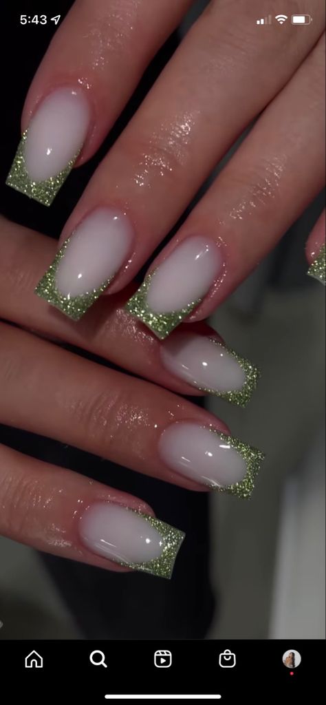 Designs On Milky White Nails, Milky White Nails With Green Design, Milky White Sparkly Nails Acrylic, White Nails Green Tips, Nail Design Green And White, Sparkle Nails Green, White Milky Nails With Glitter, Clear White Sparkle Nails, Green Glitter French Nails