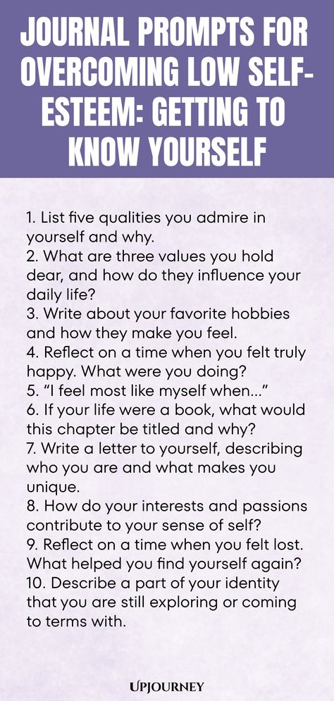 Explore a collection of thoughtful journal prompts to help you on your journey of overcoming low self-esteem and getting to know yourself better. These prompts are designed to encourage self-reflection, boost self-awareness, and promote self-acceptance. Use them as a tool for personal growth and building inner confidence. Start your journaling practice today and discover the empowering impact it can have on your self-esteem journey. Activities To Get To Know Yourself, Self Esteem Discussion Questions, Journal Prompts Self Esteem, How To Get To Know Myself, Journal Prompts To Get To Know Yourself, Questions To Get To Know Yourself, Self Esteem Questions, Self Awareness Journal Prompts, Confidence Journal Prompts