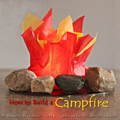 How to Build a Campfire – About Family Crafts Build A Campfire, Indoor Camping, Camping Party, Camping Theme, Family Crafts, Camping Activities, Camping Lights, Camping Crafts, Party Centerpieces