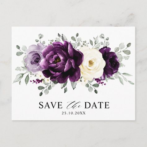 Wedding Invitation Message, Dark Wedding Theme, Ivory Wedding Invitations, Save The Date Designs, Save The Date Postcard, Floral Save The Dates, Purple Wedding Invitations, Wedding Invitation Video, Cream Wedding