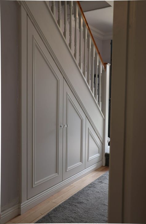 Under Stairs Storage - Traditional - Hallway & Landing - Dublin - by A-Klass Carpentry | Houzz IE Under Stairs Hallway Ideas, Understairs Cupboard Panelling, Under Stair Panelling, Under Stairs Storage Panelling, Panelling Under Stairs, Under Stair Decor, Understairs Panelling, Understairs Storage Design, Landing Storage Ideas