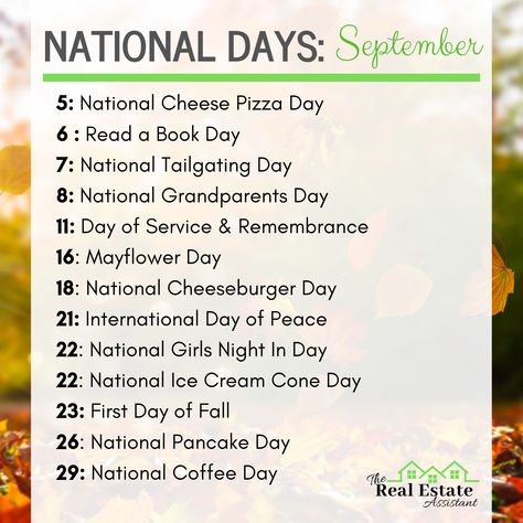 Here are some great national days and food days in September to add to your social media calendar. National Days Calendar 2023 September, September Social Media Calendar, September National Days 2023, September National Days 2024, September Nursing Home Activities, September National Days, Important Days In September, National Food Day Calendar, National Days In September