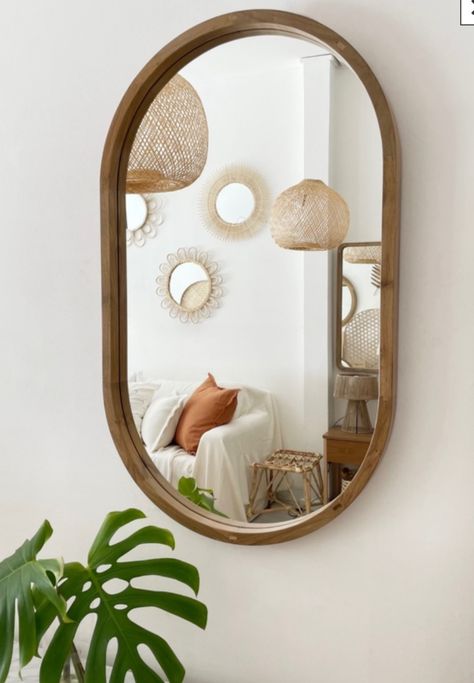 Round Wood Mirror, Custom Home Build, Oval Mirror, Wood Mirror, Natural Tones, Natural Home, Mirror Wall Decor, Custom Home, Glass Mirror