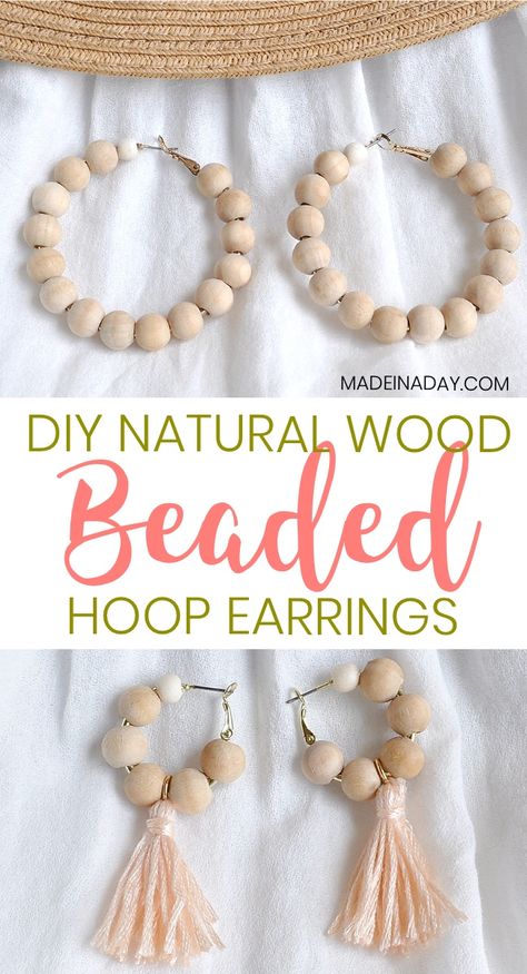 How to Make Your Own Wood Beaded Hoop Earrings, wood bead hoops, natural wood jewelry, DIY jewelry, tassel earrings, hoop tassel earrings, brown wood bead hoop earrings, boho beaded earrings, #handmade #wood #earrings #tassel #jewelry #crafts #fashion #beads #handmadejewelry #jewelrydesign #summerfashion #jewelrylovers #style Hoop Earrings Diy, Bamboo Hoop Earrings, Jewerly Making, Bamboo Earrings, Beginner Sewing Projects Easy, Earring Tutorial, Earrings Hoop, Sliding Knot, Sewing Projects For Beginners