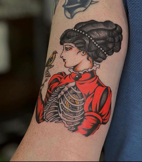 Witch Lady Head Tattoo, Trad Tattoos Women, American Traditional Celestial Tattoo, American Traditional Love Tattoo, Traditional Female Tattoo, Traditional Rib Tattoo, Traditional Women Tattoo, Lady Traditional Tattoo, Carrie Tattoo