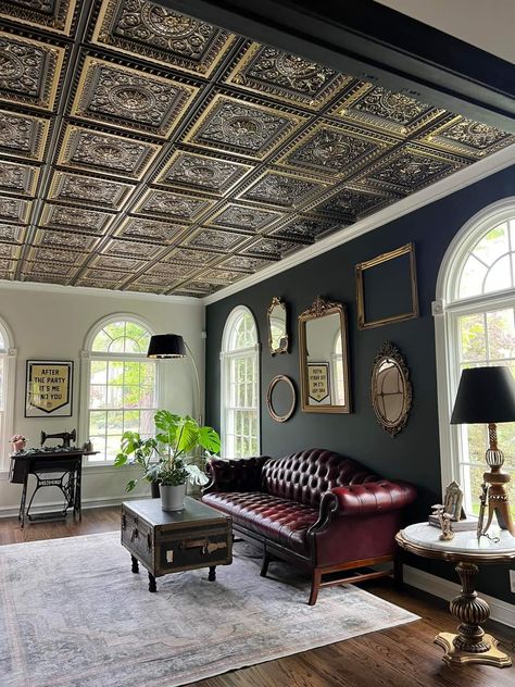 Office Ceiling Tiles, Ceiling Tile Ideas, Ceiling Inspiration, Moody Interior Design, Home Bar Plans, Spanish Colonial Homes, Faux Tin Ceiling Tiles, Office Ceiling, Ceiling Texture