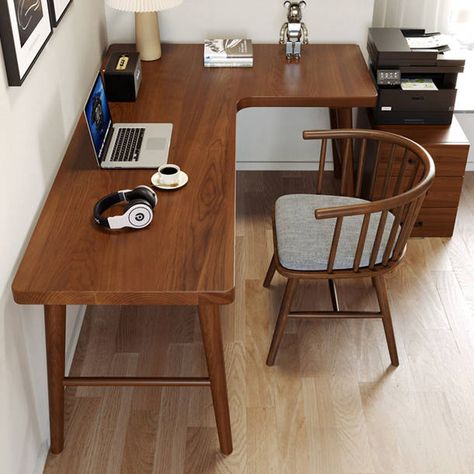 Corrigan Studio® Hayato 2 Piece Solid Wood L-Shaped Desk And Chair Set Office Set with Chair | Wayfair Seni Dan Kraf, Casa Vintage, Chair Wood, Desk And Chair Set, Office Set, L Shaped Desk, Dream House Decor, Home Office Design, 인테리어 디자인