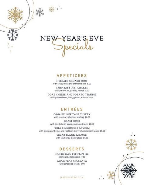 Snowflake New Years Menu Design Template by MustHaveMenus New Years Menu Design, New Years Eve Menu Design, Christmas Menu Design Ideas, New Year Menu Design, New Years Day Menu, Restaurant Creatives, Christmas Menu Design, New Years Dinner Party, New Years Eve Menu