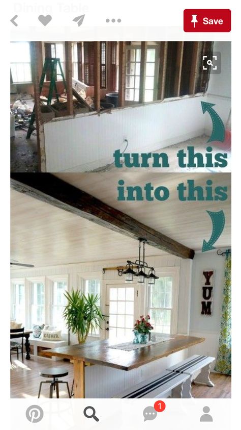 Half Wall Renovation, Kitchen Wall Tear Down, Half Wall Tv Ideas, Multifunctional Dining Room Ideas, Farmhouse Statement Wall, Half Wall Living Room To Dining Room, Tearing Down A Wall Kitchens, Half Wall Dining Room, Half Wall Kitchen