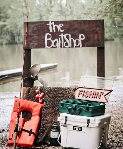 Bass Pro Shop Theme Party, Fishing Party Backdrop, Fly Fishing Party, Fishing Birthday Pictures, The Big One Fishing Birthday Party, Bass Pro Shop Birthday Party, Fisherman First Birthday, Bait Bar Fishing Party, Pallet Stand