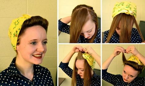 Working Woman Series: 1940s Scarf Hair Tutorials 1940 Hair, 1940s Scarf, Psychobilly Hair, Hair Scarf Tutorial, Head Scarf Tutorial, Hair Rat, Retro Updo, 40s Hairstyles, Vintage Hairstyles Tutorial