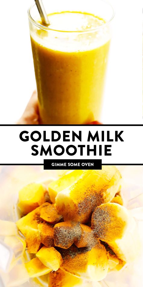 This golden milk smoothie recipe is made with frozen mango or pineapple, your choice of milk (dairy or plant-based), fresh ginger, and the classic warming golden milk spices we all love (turmeric, cinnamon and black pepper). Easy to make in just 5 minutes, naturally gluten-free and vegan, and so delicious! | gimmesomeoven.com #smoothie #goldenmilk #turmeric #healthy #pineapple #mango #drink #glutenfree #vegan #breakfast #mealprep Golden Milk Smoothie For Sleep, Golden Milk Smoothie, Milk Smoothie Recipes, Mango Drink, Milk Dairy, Turmeric Smoothie, Frozen Mango, Milk Smoothie, Gimme Some Oven