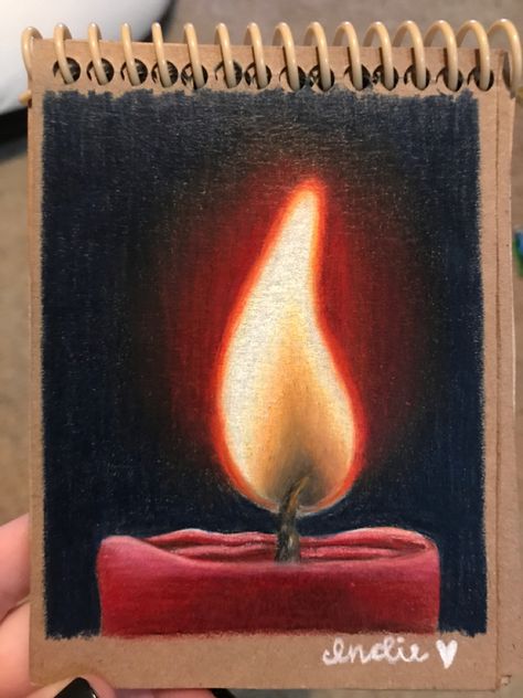 Simple Drawing Color Pencil, Cool Art Drawings Oil Pastels, Drawings Ideas Colored Pencil, Realistic Crayon Drawing, Oil Pastel Fire Drawing, Colored Pencil Drawing References, Candle Colored Pencil Drawing, Simple Prismacolor Drawings, Things To Draw Colour