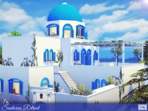 Sooky's Santorini Retreat Sims 4 Greek House, Santorini Greece Architecture, Sims 4 Santorini, Sims 4 Mediterranean, Santorini Buildings, Greece House, Santorini Villas, Greek Town, Santorini House