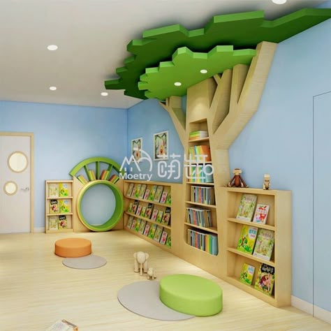 Childrens Library Design, Outdoor Library Ideas, Book Shelf Ideas Kids, Children’s Library, Kids Library Design, Bookshelves Unique, Modern Daycare Design, Library Preschool, Modern Library Furniture