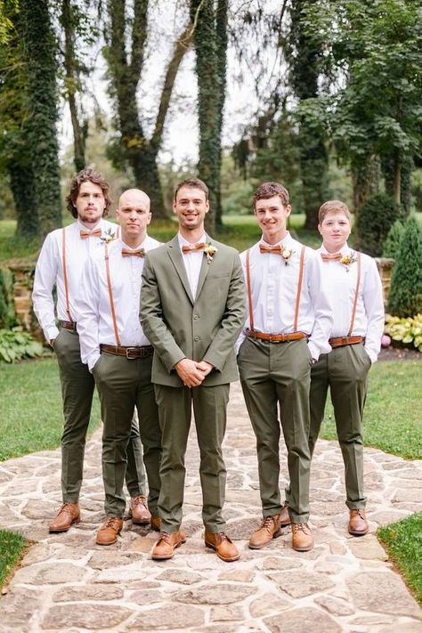 terracotta and sage green Groomsmen Attire @BlossomBlissFloristPA Rustic Fall Wedding Groomsmen, Bowtie Wedding Groomsmen, Sage Suits Wedding, Terracotta And Green Groomsmen, Groom And Groomsmen Fall Wedding, Sage And Tan Groomsmen, Rust And Sage Groomsmen, Green Pants Groomsmen, August Groomsmen Attire