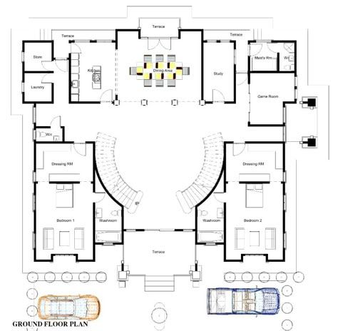 Double Staircase Floor Plan, House Plan With Curved Staircase, Stairs Floor Plan, Floor Arrangements, Floor Plan Elevation, Mansion Plans, Drawing House Plans, Stair Plan, Castle House Design