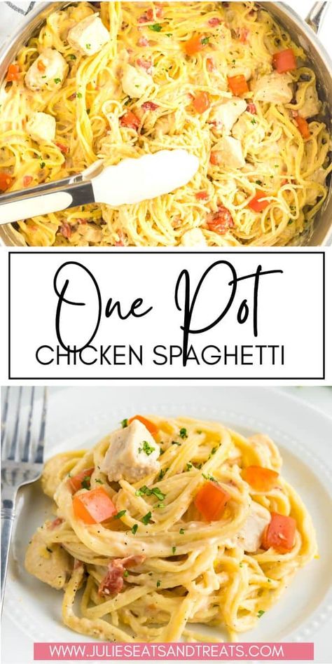 You are going to love this easy One Pot Chicken Spaghetti with a spicy, creamy sauce, chicken, spaghetti and cheese. If you need a meal on the table in 30 minutes this quick and easy one pot chicken pasta recipe is that answer. Chicken Spaghetti Without Cheese, Quick And Easy Chicken Spaghetti Recipe, One Pan Chicken Spaghetti, One Pot Chicken Spaghetti, Instant Pot Chicken Spaghetti, One Pot Chicken Pasta, Spaghetti And Cheese, Easy Chicken Spaghetti Recipe, Spaghetti Chicken