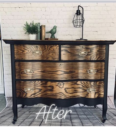 Updated Home Decor, Two Toned Painted Furniture, Neutral Painted Furniture, Tiger Oak Dresser Makeover, Black And Wood Furniture, Wood Furniture Makeover, Painted Dresser Ideas, Redone Furniture, Painting Front Porch Concrete