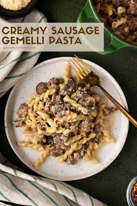 Sausage Mushroom Pasta, Creamy Mushroom Pasta Sauce, Cream Of Mushroom Pasta, Meaty Mushrooms, Wine Cream Sauce, Gemelli Pasta, Sausage Mushroom, White Wine Cream Sauce, Pumpkin Pasta Sauce