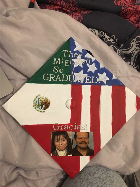 They Migrated so I Graduated! Latino Mexican American Graduation Cap Graduation Cap Designs Mexican Funny, Graduation Cap Designs Mexican, Graduation Cap Designs College, Funny Graduation Caps, Graduation Cap Decoration Diy, High School Graduation Cap, College Graduation Cap Decoration, Grad Cap Designs, Graduation Candy