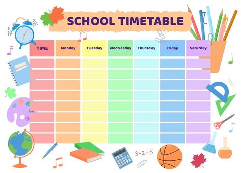 School timetable. Rainbow kid design of planner School Timetable Template Printable, Teachers Timetable, School Time Table Ideas, Time Table Chart Ideas For Classroom, Aesthetic Time Table, Time Schedule Design, Time Table School, Time Table Design School Chart, School Timetable Design Aesthetic