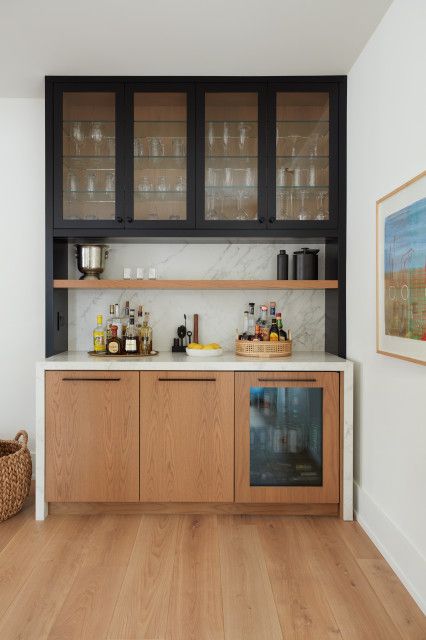 White Oak & Black Beverage Bar - Contemporary - Home Bar - Toronto - by Chervin Kitchen & Bath Inc. | Houzz AU Basement Bar Area, Custom Kitchen Remodel, Perry Homes, White Oak Kitchen, Recessed Panel Cabinets, Beverage Bar, Light Wood Cabinets, Kitchen Ideals, Home Bar Design