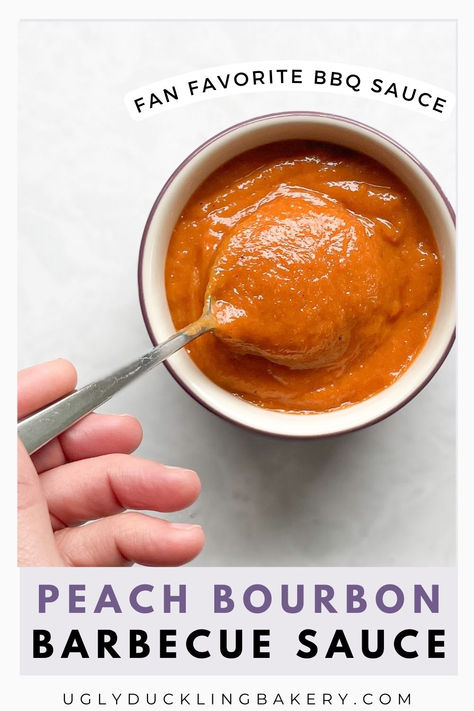 small bowl of bright orange sauce with a hand holding a dipping spoon. The title reads, “Peach Bourbon Barbecue Sauce. Fan favorite BBQ sauce” and the website uglyducklingbakery.com is below. Peach Bourbon Bbq Sauce, Yummy Dinner Ideas, Sauce For Grilled Chicken, Bourbon Bbq Sauce, Peach Bbq, Peach Bourbon, Chicken Ribs, Peach Sauce, Tangy Bbq Sauce