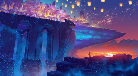 DUELYST - FROSTFIRE FESTIVAL, Counterplay Games on ArtStation at https://www.artstation.com/artwork/n1A09 Location Inspiration, Landscape Concept, Fantasy Places, Fantasy Setting, Landscape Scenery, Fantasy Art Landscapes, Fantasy Concept Art, Lens Flare, 판타지 아트