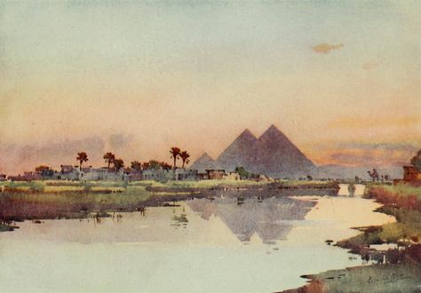 Cane, Ella du (1874-1943) - The Banks of the Nile 1913, The second pyramid at Giza. #nile, #egypt, #africa Egypt Painting, The Nile, Pyramid Painting, Egypt Watercolor, Egyptian Artists Paintings, Egyptian Landscape Art, Ancient Egypt Landscape, Egypt Games, Old Cairo Paintings