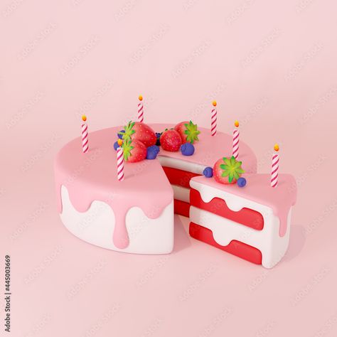 Cake 3d Illustration, Strawberry Cake Illustration, Cake Animation, Interactive Magazine, Cake 3d, 3d Things, Cake With Strawberry, Cake Illustration, Caracter Design