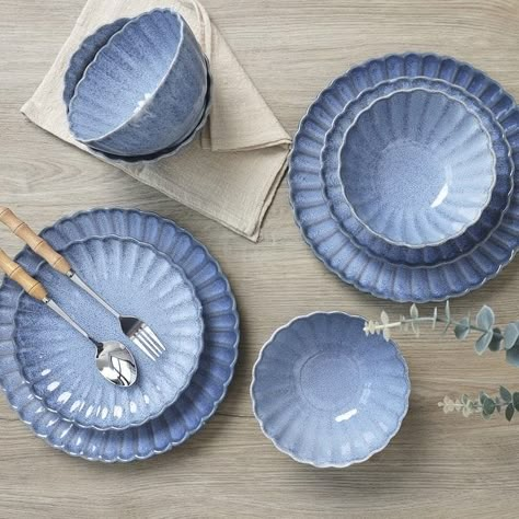 Frill Reactive 12 Pc Dinnerware Set - Bed Bath & Beyond - 39097196 Kitchen Dishes Sets Aesthetic, Kitchen Items Aesthetic, Vintage French Aesthetic, Blue Crockery, Blue Dinnerware Sets, Dishware Sets, French Aesthetic, Blue Dinnerware, Plates And Bowls Set