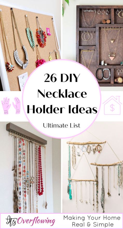 Necklace Diy Organizer, Necklace Display Ideas Bedroom, Necklace Hangers Ideas, Necklaces Organization Ideas, Necklaces Display Ideas, Wall Necklace Display, Necklace Holders Diy, Necklaces Holder Diy, How To Make A Necklace Holder