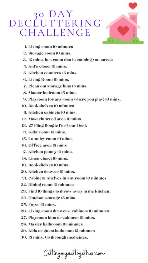 30 Day Decluttering Challenge for Beginners - Getting My Act Together One Hour Declutter Challenge, Declutter List, Decluttering List, Decluttering Challenge, Declutter Checklist, Cleaning Challenge, Declutter Challenge, Decluttering Tips, House Cleaning Checklist