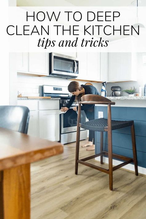 Tips and tricks for deep cleaning your kitchen. How to clean your oven, stovetop, refrigerator, and more! Kitchen Deep Clean, Deep Clean Kitchen, Granite Cleaner, Clean Refrigerator, Cleaning Inspiration, Gas Stove Top, Counter Clean, Deep Cleaning Tips, Cleaning Motivation