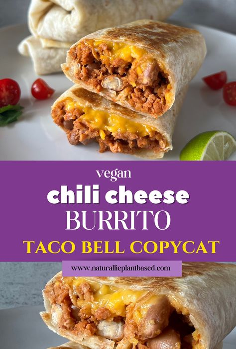 Chili Cheese Burrito (Vegan, Taco Bell Copycat) Taco Bell Chili Cheese Burrito Recipe, Chili Cheese Burrito Taco Bell, Vegan Taco Bell, Chili Cheese Burrito, Vegan Copycat, Burrito Vegan, Taco Bell Copycat, Cheese Burrito, Mexican Main Dishes