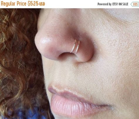 SALE Tiny 14K Rose Gold Double Nose Ring Lip Ring Fake by Junylie Double Nose Ring Same Side, Double Hoop Nose Piercing, Double Nose Piercing Same Side, Least Painful Piercings, Double Nostril Piercing, Piercing Aesthetic, Double Nose Ring, Double Nose Piercing, 14k Rose Gold Jewelry