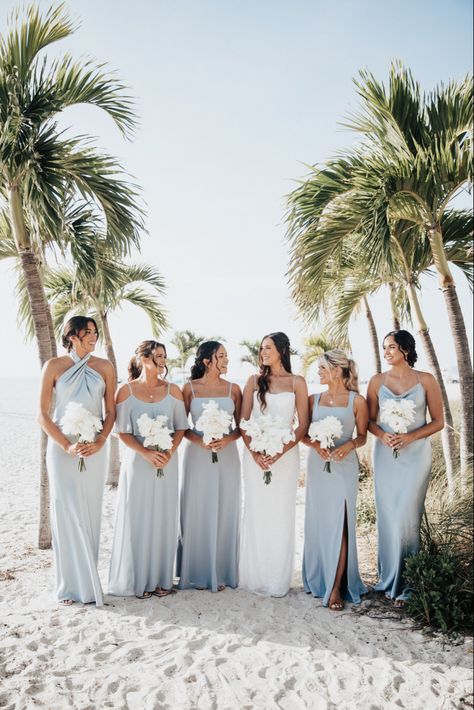 Aruba Wedding Ideas Bridesmaid Dresses, Beach Bridesmaid Colors, Beach Wedding Light Blue, Beach Wedding Colors Bridesmaid Dress, Bridal Party Beach Wedding, Blue Bridesmaid Dresses Beach, Bridesmaids Beach Wedding, Pastel Blue Bridesmaid, Bridesmaid Dresses Beach Wedding