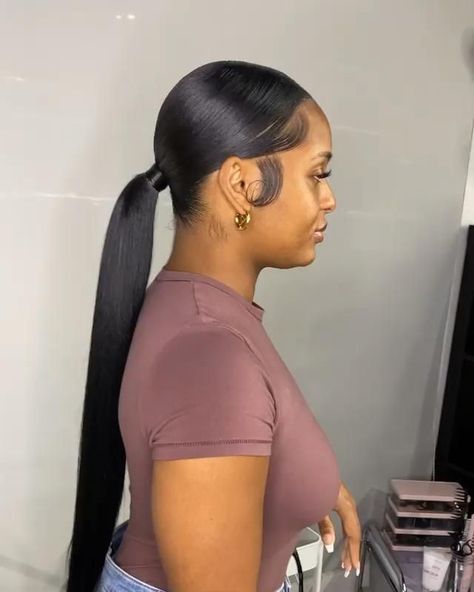 Low Ponytail Wigs Black Women, Low Extended Ponytail Weave Middle Part, Slim Back Ponytail, Center Part Ponytail Black Women, Low Long Ponytail Black Women, Black Women Long Ponytail Hairstyles, Slick Back Extended Ponytail, Sleek Low Bun Black Women Middle Part, Low Ponytail For Black Women