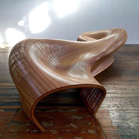 Woodworker Matthias Pliessnig first uncovered the steam-bending technique when tasked with designing a boat. Pictured is his Sinuo 5m bench.  Instagram Account of the Day: Curved Wood Furniture Made in America by Allie Weiss Wood Furniture Design, Curved Wood, Parametric Design, Urban Furniture, Creative Furniture, Wooden Bench, Wood Bench, Furniture Inspiration, Wooden Furniture