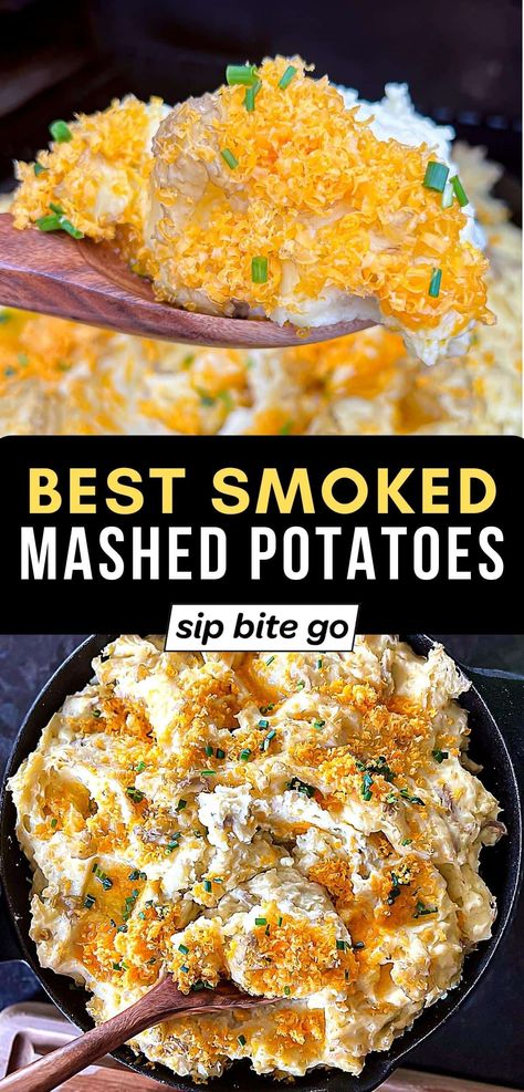 There’s so much flavor in this recipe for easy smoked mashed potatoes with garlic on the Traeger. My version of smoking mashed potatoes can be made creamy or smooth, and finished with a heaping handful of melty, smoked cheese. | sipbitego.com Smoked Potato Casserole, Smoked Sides For Thanksgiving, Smoked Cauliflower Recipes, Potato Smoker Recipes, Smoked Potatoes And Onions, Traeger Potatoes Recipe, Smoked Mashed Potatoes In Smoker, Sides For Smoked Ham, Unique Mashed Potatoes Recipe