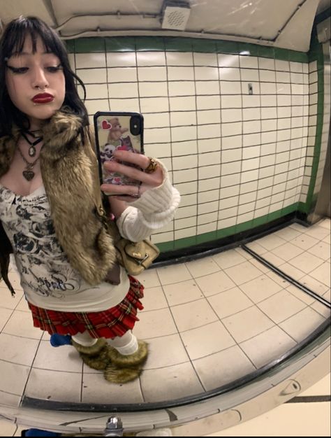 Fur Gillet Outfits, Gray Beret Outfit, Fur Hat Outfit Y2k, Yeti Boots Outfit, Fuzzy Boots Outfit Y2k, Fur Boots Outfit Y2k, Fuzzy Vest Outfit, Outfit Inspo Emo, Plaid Leggings Outfit