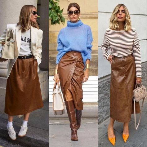 Brown Leather Skirt 🤎 1, 2 or 3 ?? | Instagram Caramel Leather Skirt Outfit, Midi Brown Leather Skirt Outfit, Brown Faux Leather Midi Skirt, Style Leather Midi Skirt, Brown Leather Midi Skirt, Leather Skirt Brown Outfit, Cognac Skirt Outfit, Brown Leather Pencil Skirt Outfit, Brown Leather Midi Skirt Outfit