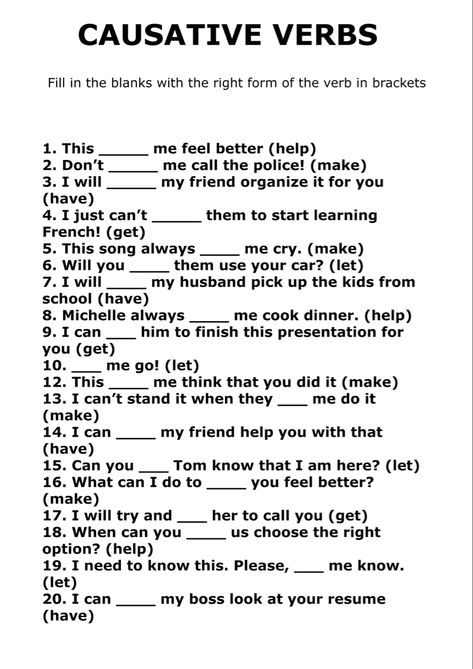 Causative Verbs, Verbs Worksheet, Verb Worksheets, Learn French, I Feel Good, Cooking Dinner, Feel Better, Presentation, Let It Be