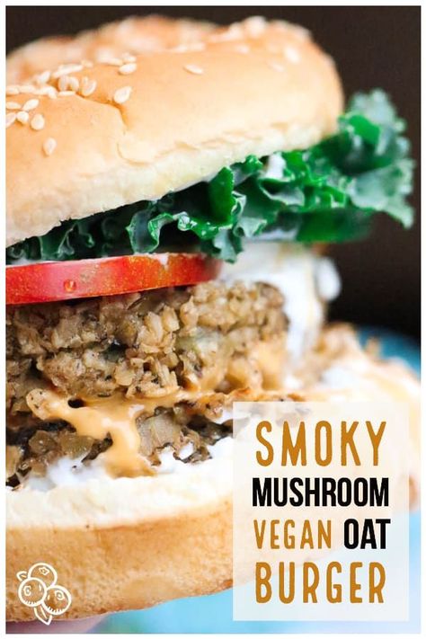 This quick and easy vegan Oat burger boasts mushrooms, onion, and a hickory flavor.  Truly the best vegan burger you've ever had, plus it's gluten free and nut free!  #veganburger #veggiepattie #veggieburger Oat Burgers, Best Vegan Burger, Vegan Veggie Burger, Mushroom Vegan, Vegan Burger Recipe, Light Diet, Vegan Mushroom, Vegan Burger, Vegan Burgers