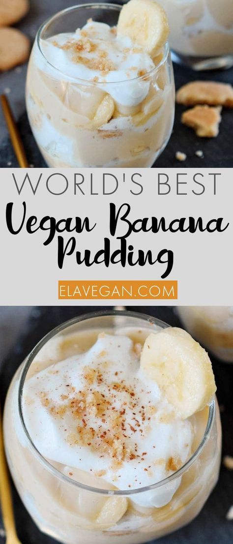 This Southern-style vegan banana pudding layers sweet vanilla pudding with fresh banana, wafer biscuits, and dairy-free whipped cream. With just 10 ingredients and less than 30 minutes of prep time, this simple dessert will surely impress! Gluten Free Banana Pudding, Wafer Biscuits, Healthy Banana Pudding, Ella Vegan, Vegan Banana Pudding, Banana Cream Pudding, Vegan Pudding, Vegan Whipped Cream, Vegetarian Life