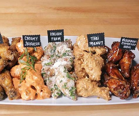 For your tailgate, Super Bowl or March Madness potluck parties, serve these 5 tasty chicken wing recipes with unique and flavorful sauces that put a spin on the traditional Buffalo chicken wing! Wedding Chicken Wings Bar, Chicken Wing Station Wedding, Wings Wedding Food, Reception Finger Foods, Finger Food Wedding Reception, Cozy Party, Food Savoury, Housewarming Ideas, Cooking Chicken Wings