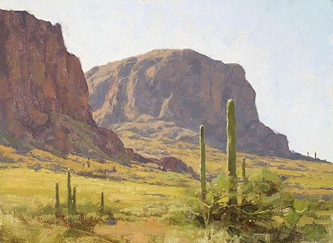 Don Demers #west #landscape Old West Landscape, Southwest Art Paintings, Desert Paintings, Cactus Paintings, Mark Taylor, Raw Sienna, Master Paintings, Arizona Landscape, Desert Landscapes