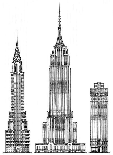 New York hi-rises simplified elevation sketch: The Chrysler Building (1929, arch. Wilam van Alen), The Empire State Building. (1931, arch. Richmond H. Shreve, William F. Lamb & Arthur L. Harmon), The Equitable Building (1915, arch. Ernest R. Graham); Drawn up by Piotr Kilanowski (2001). The Chrysler Building, Chrysler Building Drawing, Empire State Building Drawing, Empire State Building Art, Elevation Sketch, Nyc Skyscrapers, New York Building, New York Drawing, New York City Buildings