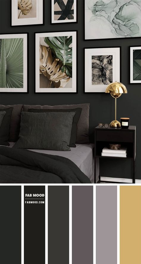 Choosing a moody vibe in the bedroom, there’s nothing quite like black statements. If you want to achieve an expensive look in your bedroom without breaking the bank?... Grey And Gold Bedroom, Black Gold Bedroom, Color Walls, Bedroom Colour, Wedding Color Palettes, Themes Wedding, Bedroom Colour Palette, Black Bedroom Furniture, Gold Wall Decor